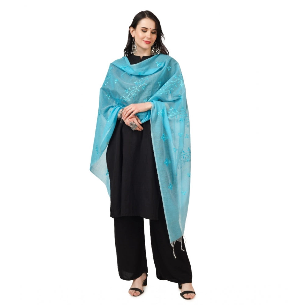 Amfyn Women's Cotton Embroidered Dupatta (Aqua Blue, Length: 2.25 to 2.50 Mtr)