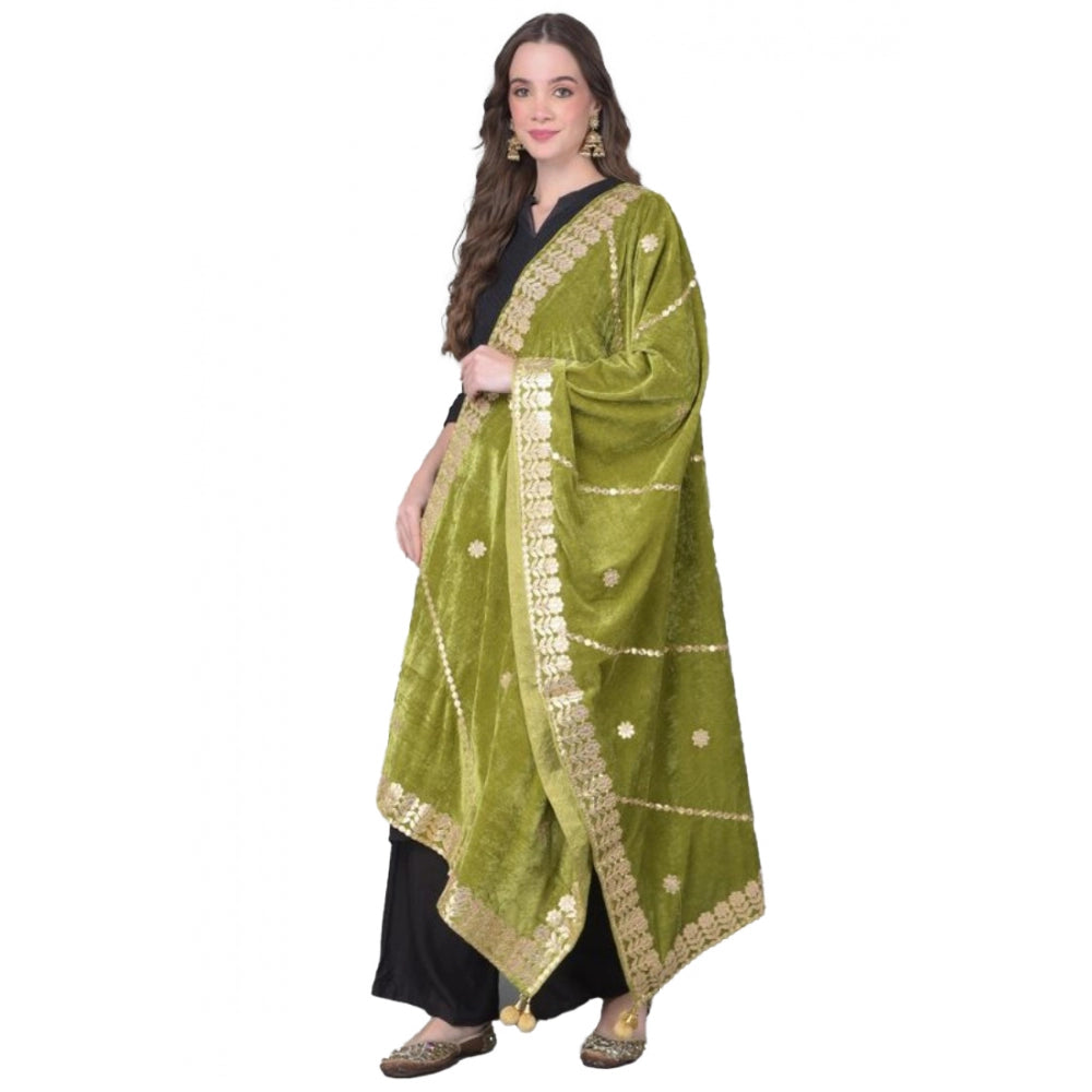 Amfyn Women's Velvet Gotta Patti Dupatta (Olive, Length: 2.25 to 2.50 Mtr)