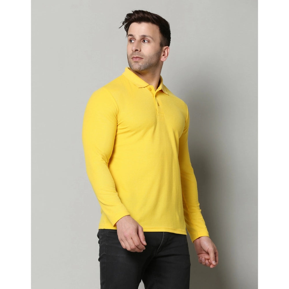 Amfyn Men's Casual Full Sleeve Solid Cotton Blended Polo Neck T-shirt (Yellow)