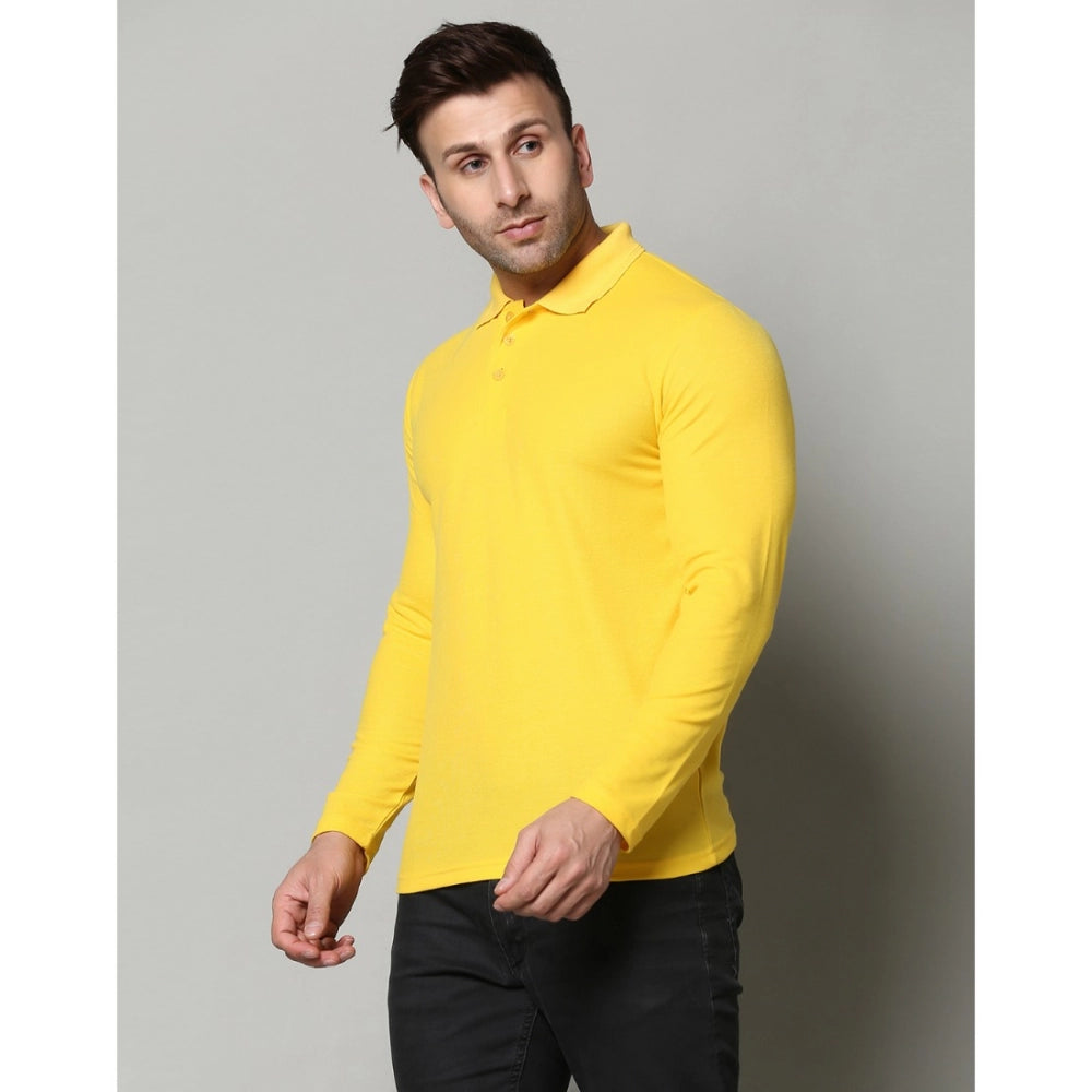 Amfyn Men's Casual Full Sleeve Solid Cotton Blended Polo Neck T-shirt (Yellow)