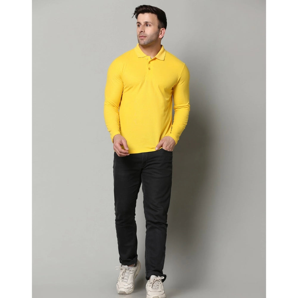 Amfyn Men's Casual Full Sleeve Solid Cotton Blended Polo Neck T-shirt (Yellow)