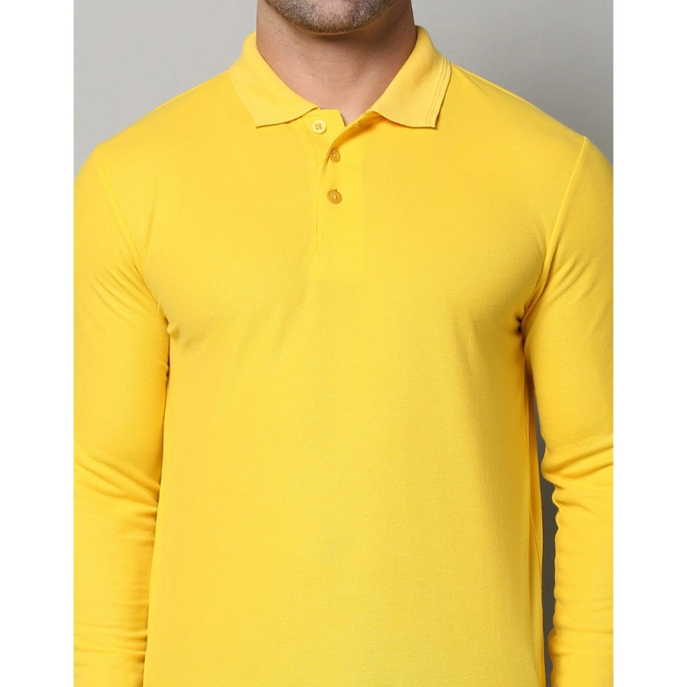 Amfyn Men's Casual Full Sleeve Solid Cotton Blended Polo Neck T-shirt (Yellow)