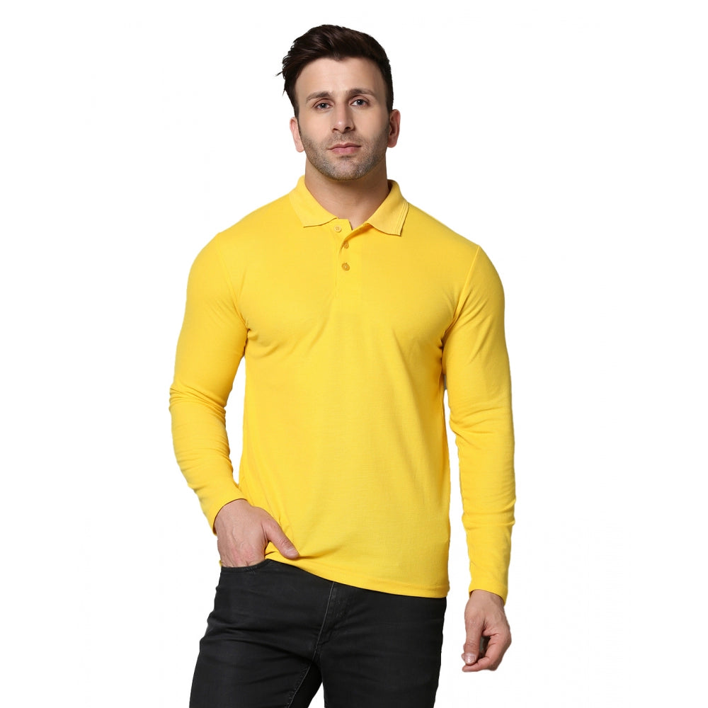 Amfyn Men's Casual Full Sleeve Solid Cotton Blended Polo Neck T-shirt (Yellow)