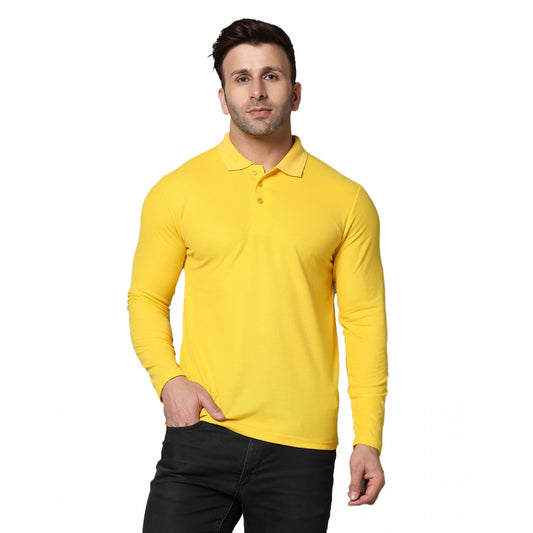Fashion Men's Casual Full Sleeve Solid Cotton Blended Polo Neck T-shirt (Yellow)