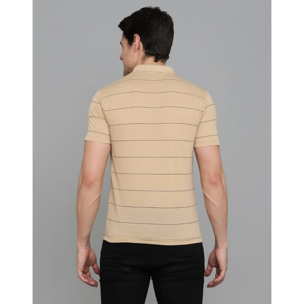 Amfyn Men's Casual Half Sleeve Striped Cotton Blended Polo Neck T-shirt (L.Beige)