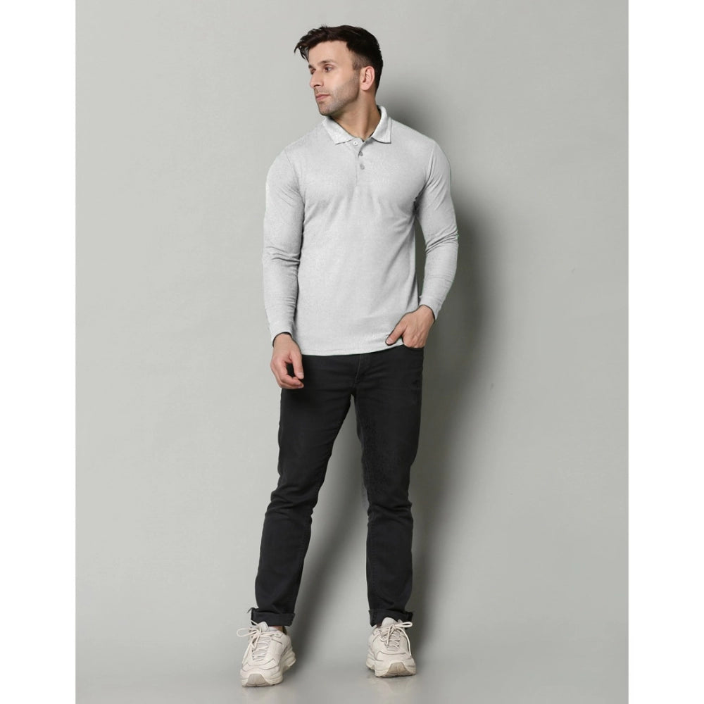 Amfyn Men's Casual Full Sleeve Solid Cotton Blended Polo Neck T-shirt (L.Grey)