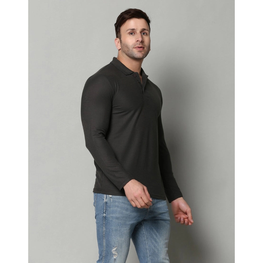 Amfyn Men's Casual Full Sleeve Solid Cotton Blended Polo Neck T-shirt (D.Grey)