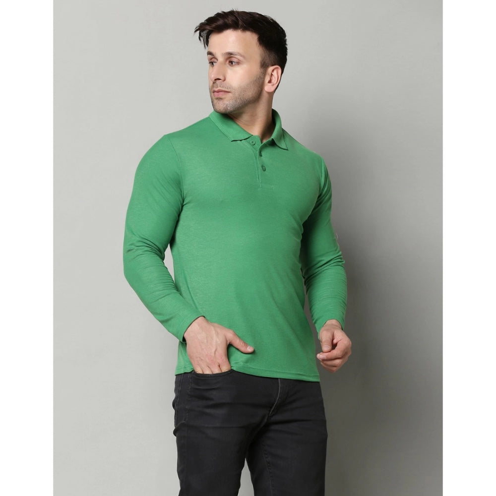 Amfyn Men's Casual Full Sleeve Solid Cotton Blended Polo Neck T-shirt (P.Green)