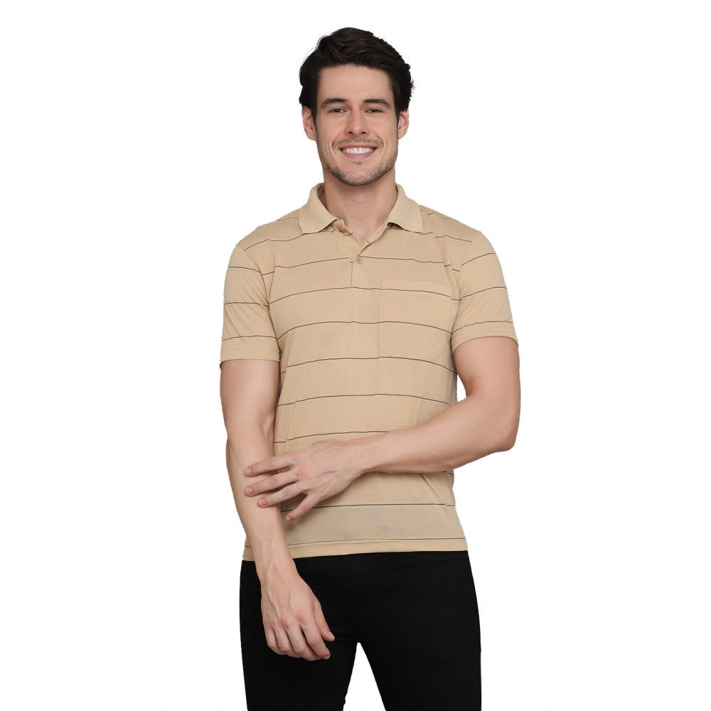 Amfyn Men's Casual Half Sleeve Striped Cotton Blended Polo Neck T-shirt (L.Beige)