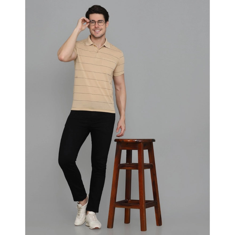 Amfyn Men's Casual Half Sleeve Striped Cotton Blended Polo Neck T-shirt (L.Beige)