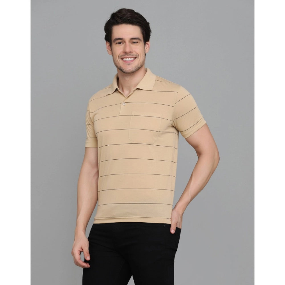 Amfyn Men's Casual Half Sleeve Striped Cotton Blended Polo Neck T-shirt (L.Beige)