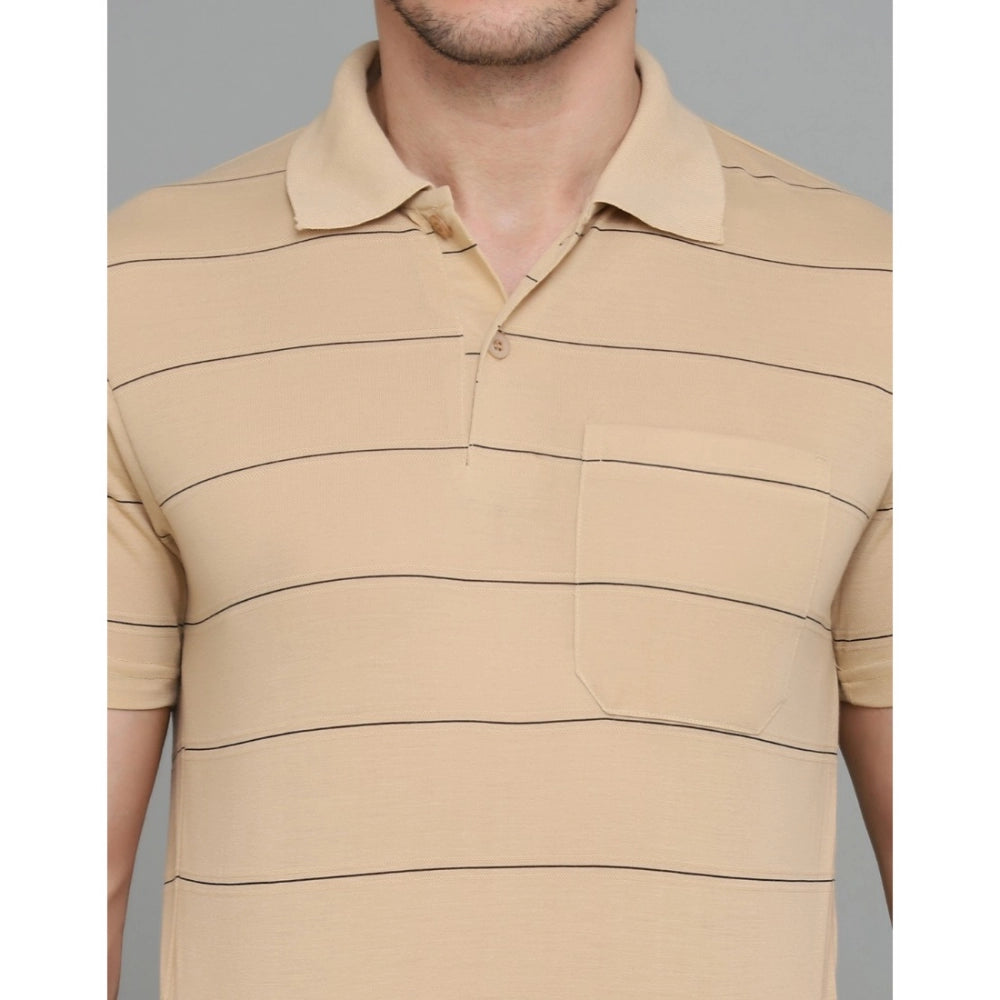 Amfyn Men's Casual Half Sleeve Striped Cotton Blended Polo Neck T-shirt (L.Beige)