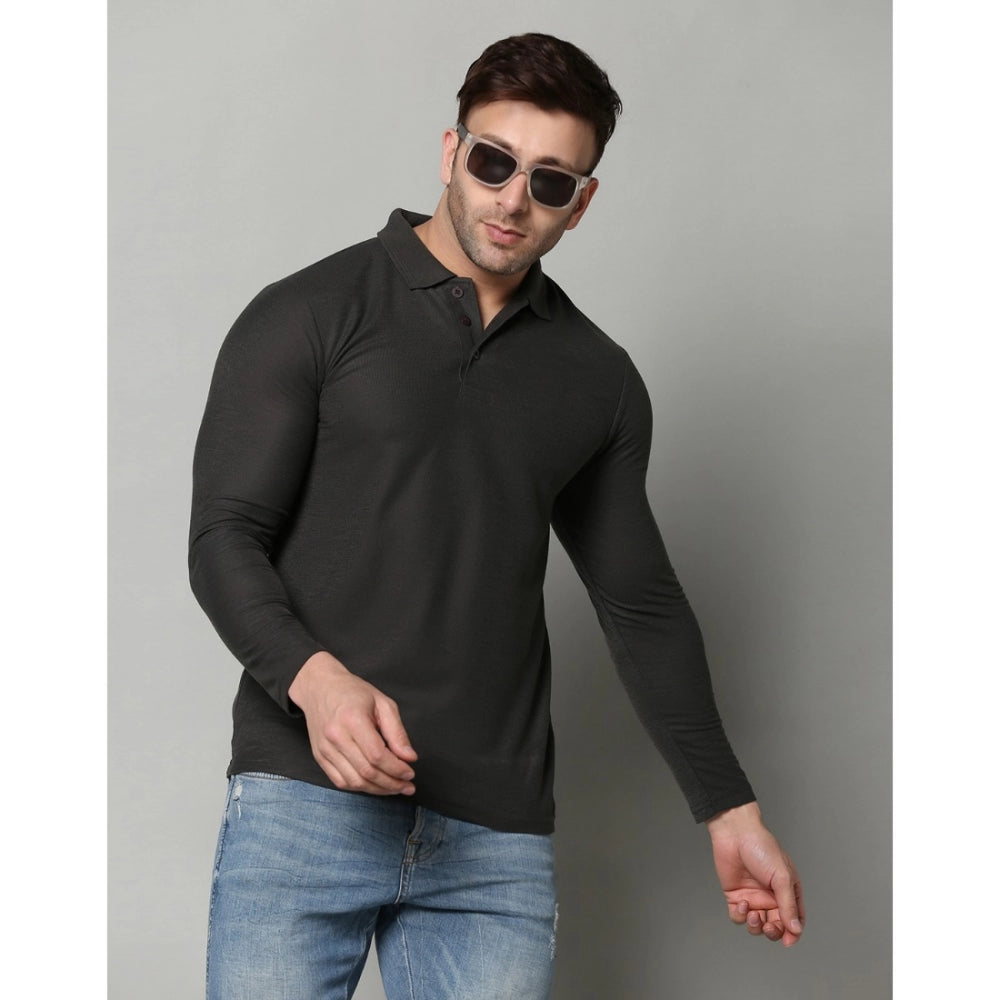 Amfyn Men's Casual Full Sleeve Solid Cotton Blended Polo Neck T-shirt (D.Grey)