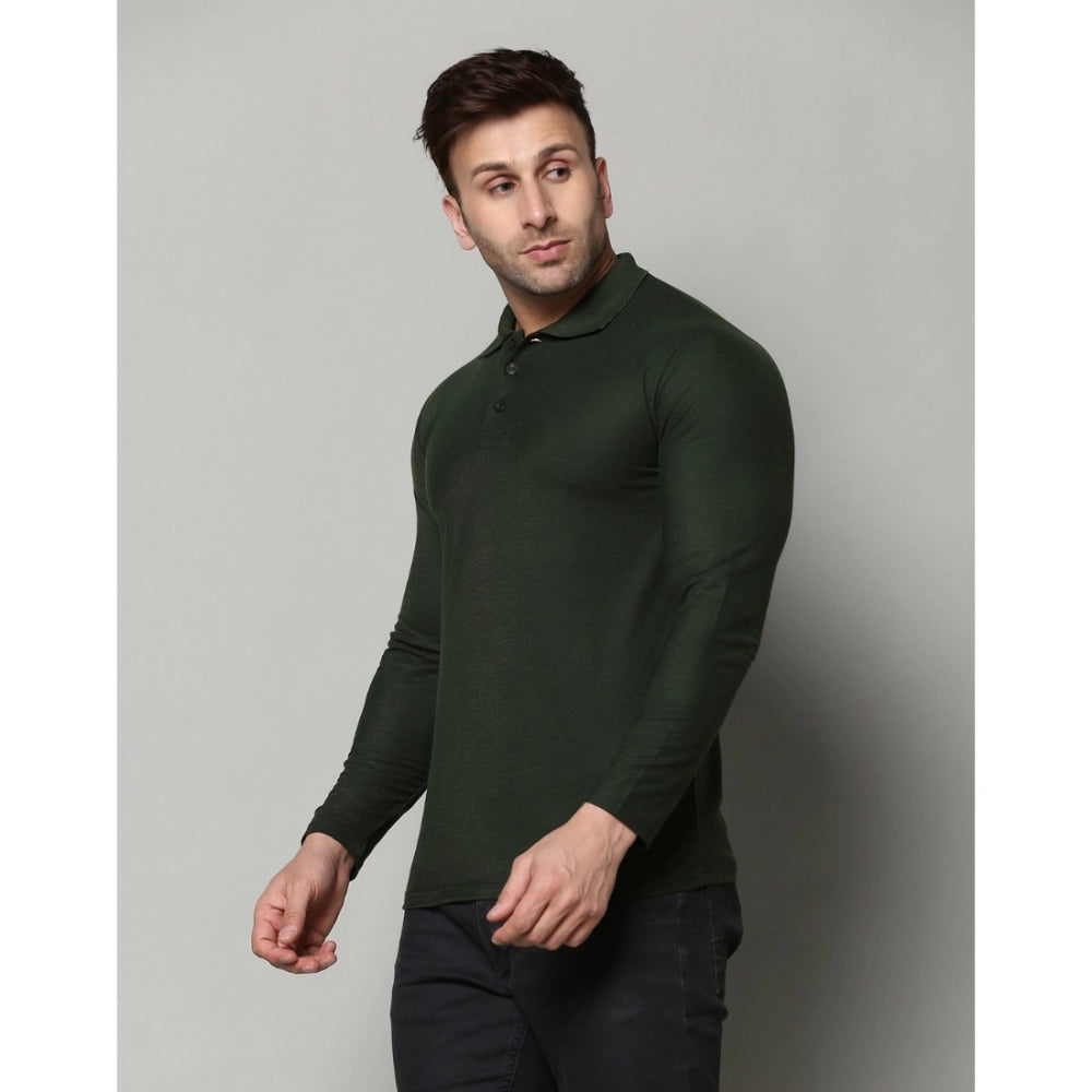 Amfyn Men's Casual Full Sleeve Solid Cotton Blended Polo Neck T-shirt (B.Green)