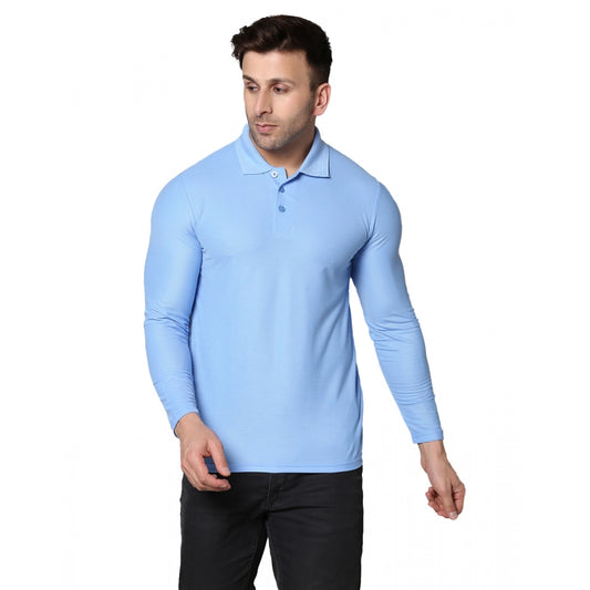 Fashion Men's Casual Full Sleeve Solid Cotton Blended Polo Neck T-shirt (Sky)