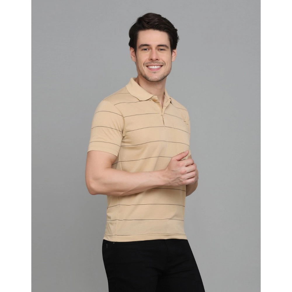 Amfyn Men's Casual Half Sleeve Striped Cotton Blended Polo Neck T-shirt (L.Beige)