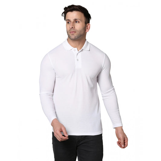Fashion Men's Casual Full Sleeve Solid Cotton Blended Polo Neck T-shirt (White)