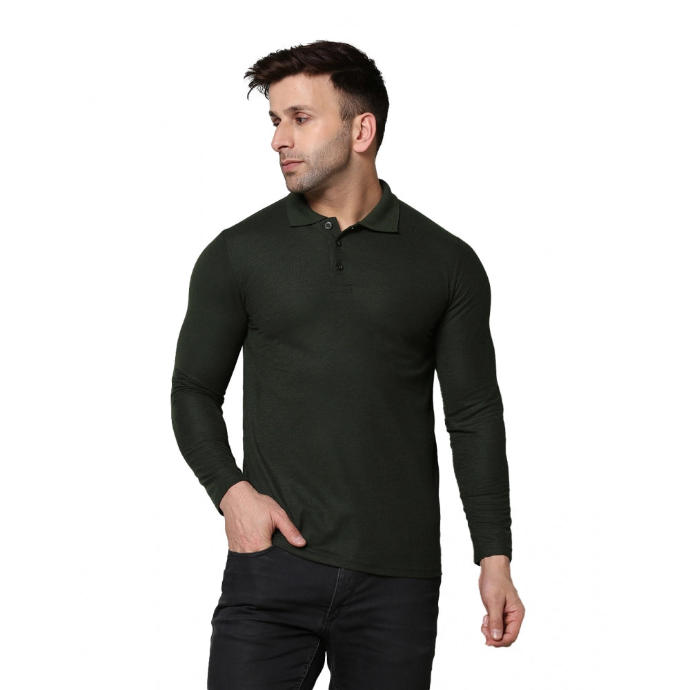 Amfyn Men's Casual Full Sleeve Solid Cotton Blended Polo Neck T-shirt (B.Green)