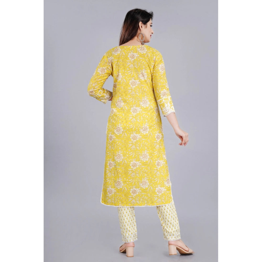 Amfyn Women's Casual 3/4 Sleeve Embroidered Rayon Kurti With Pant And Dupatta Set (Yellow)