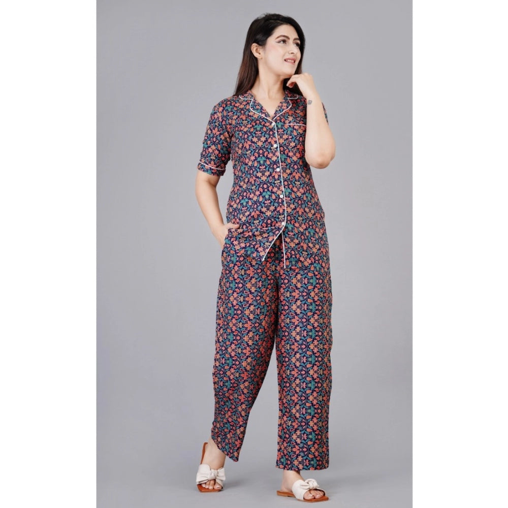 Amfyn Women's Casual Half Sleeve Printed Viscose Rayon Shirt With Pyjama Pant Night Suit Set (Blue)