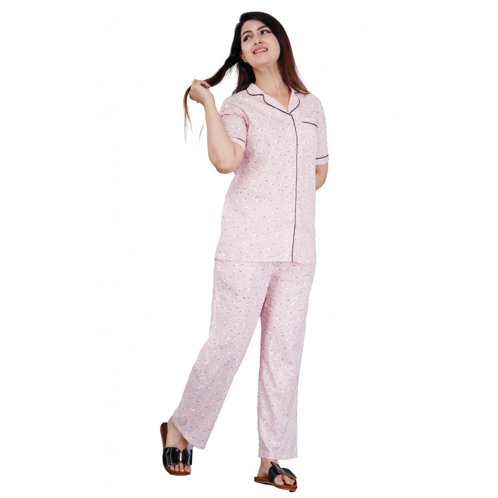 Amfyn Women's Casual Half Sleeve Printed Viscose Rayon Shirt With Pyjama Pant Night Suit Set (Pink)