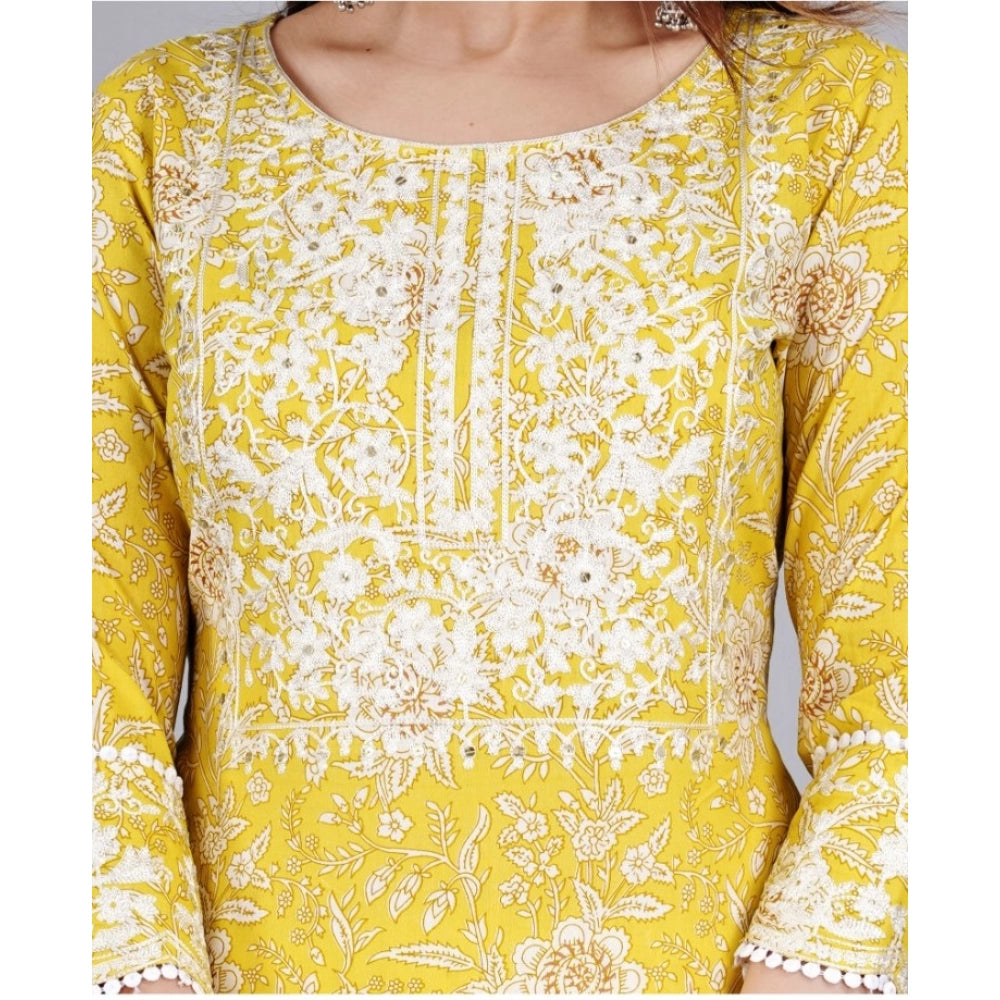 Amfyn Women's Casual 3/4 Sleeve Embroidered Rayon Kurti With Pant And Dupatta Set (Yellow)