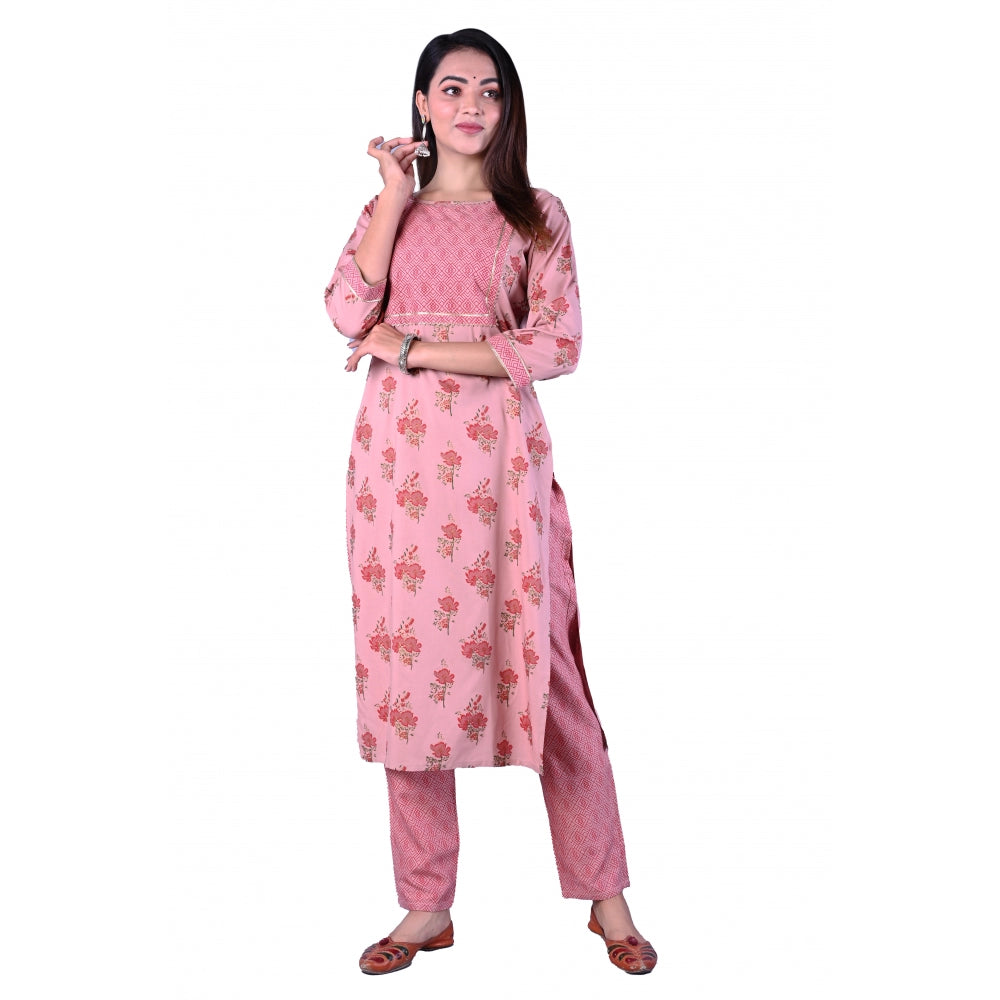 Amfyn Women's Casual 3/4 Sleeve Printed Rayon Kurti With Pant Set (Pink)