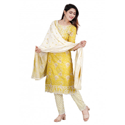 Amfyn Women's Casual 3/4 Sleeve Embroidered Rayon Kurti With Pant And Dupatta Set (Yellow)