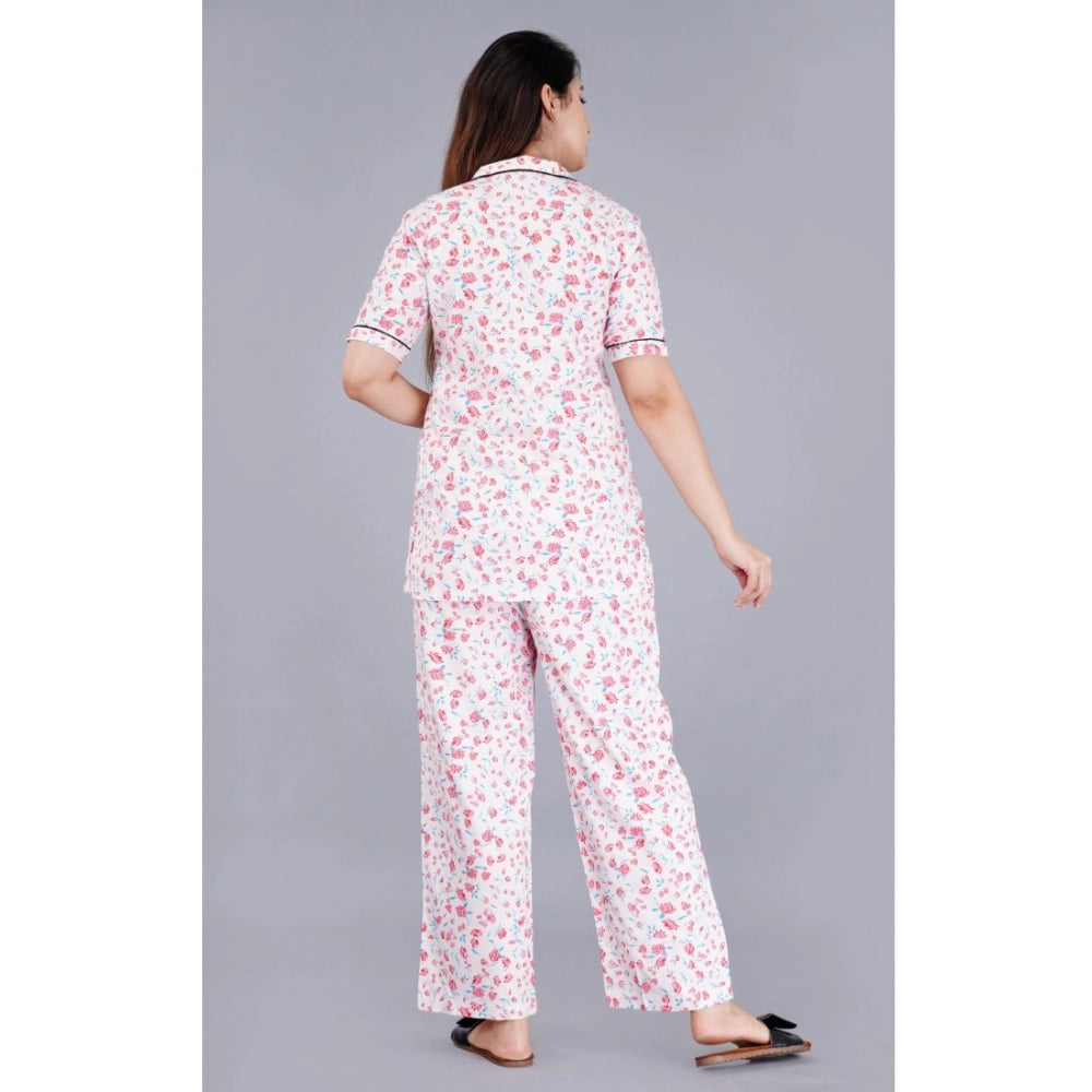 Amfyn Women's Casual Half Sleeve Printed Viscose Rayon Shirt With Pyjama Pant Night Suit Set (Baby Pink)