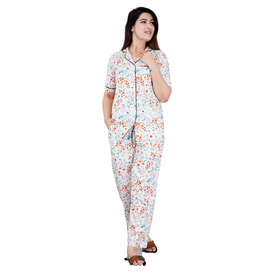 Amfyn Women's Casual Half Sleeve Printed Viscose Rayon Shirt With Pyjama Pant Night Suit Set (White)