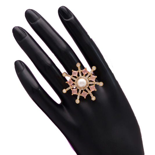 Fashion Women's Pink Color American Diamond Finger Adjustable Ring