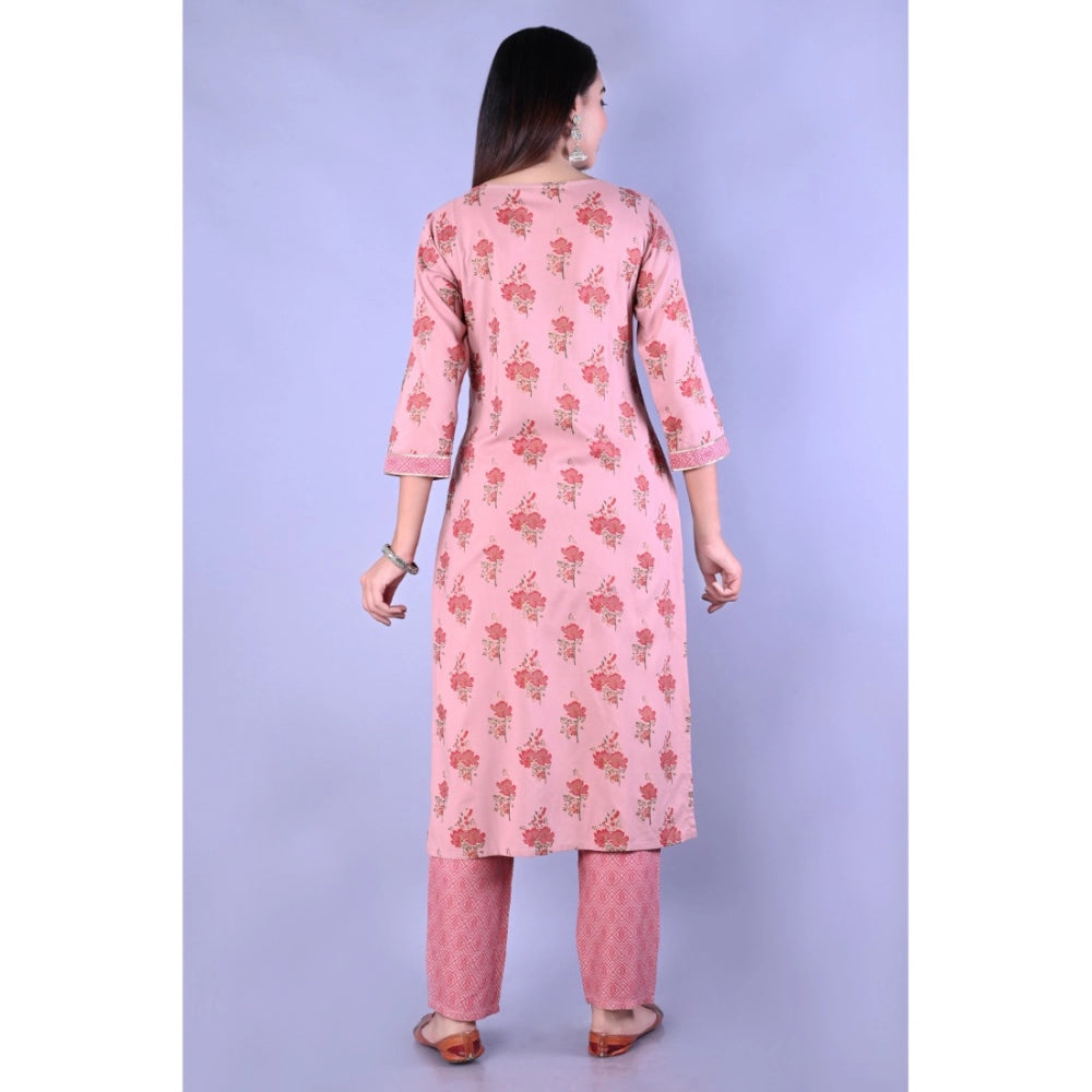 Amfyn Women's Casual 3/4 Sleeve Printed Rayon Kurti With Pant Set (Pink)