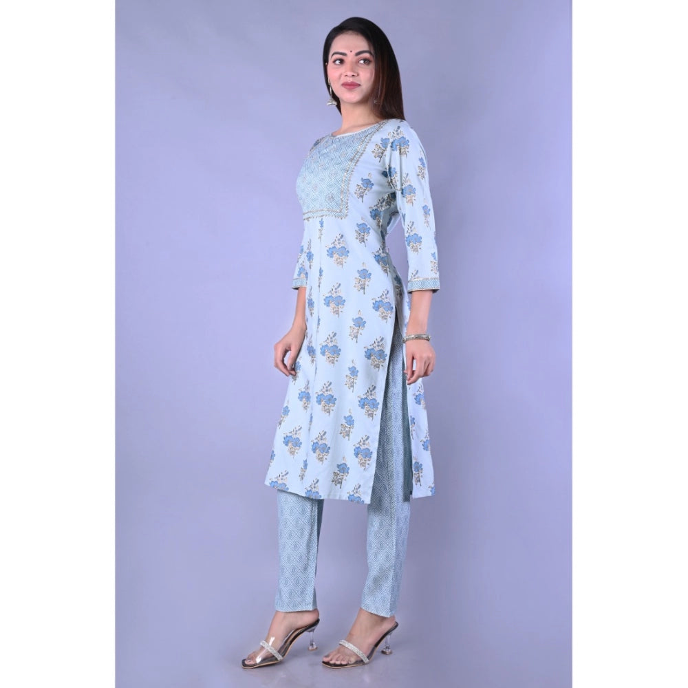 Amfyn Women's Casual 3/4 Sleeve Printed Rayon Kurti With Pant Set (Blue)