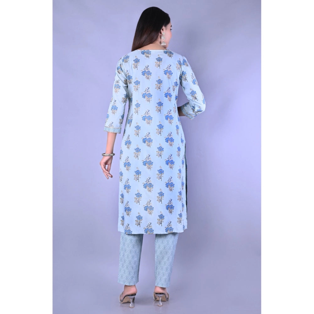 Amfyn Women's Casual 3/4 Sleeve Printed Rayon Kurti With Pant Set (Blue)