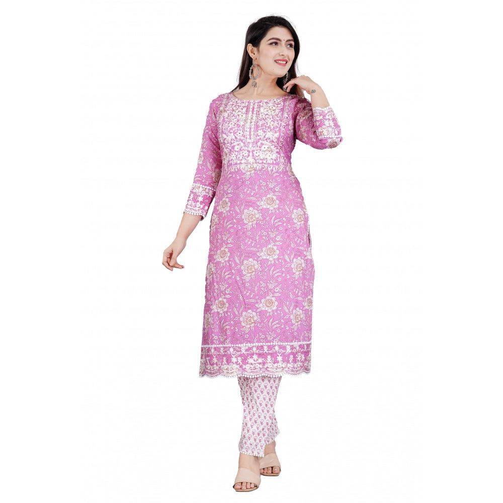 Amfyn Women's Casual 3/4 Sleeve Embroidered Rayon Kurti With Pant And Dupatta Set (Purple)