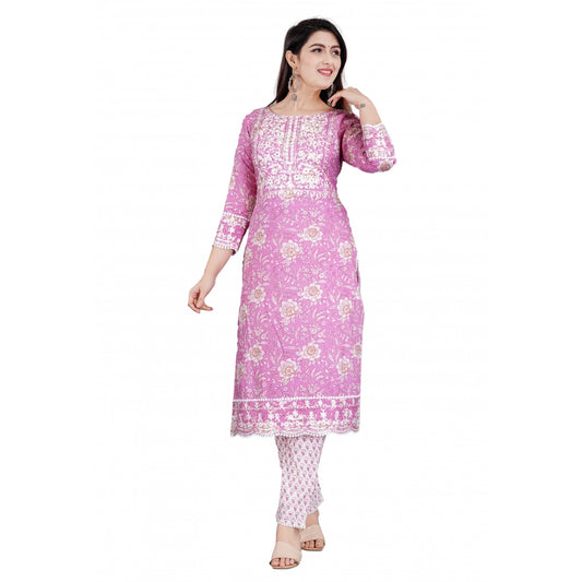 Amfyn Women's Casual 3/4 Sleeve Embroidered Rayon Kurti With Pant And Dupatta Set (Purple)