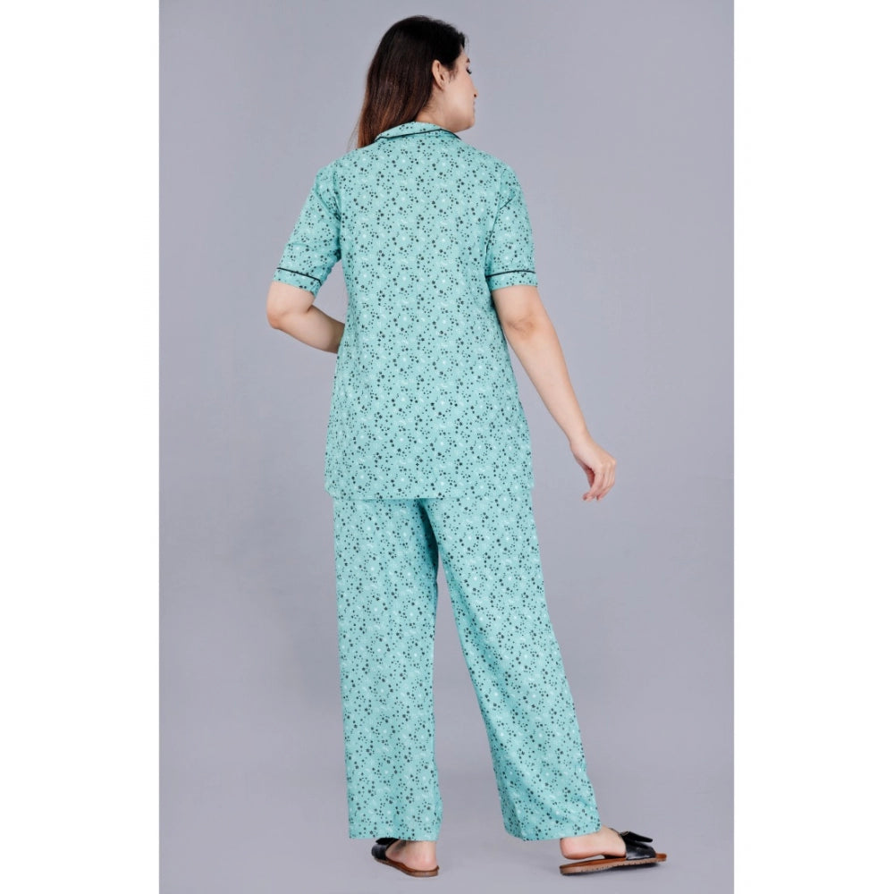 Amfyn Women's Casual Half Sleeve Printed Viscose Rayon Shirt With Pyjama Pant Night Suit Set (Green)