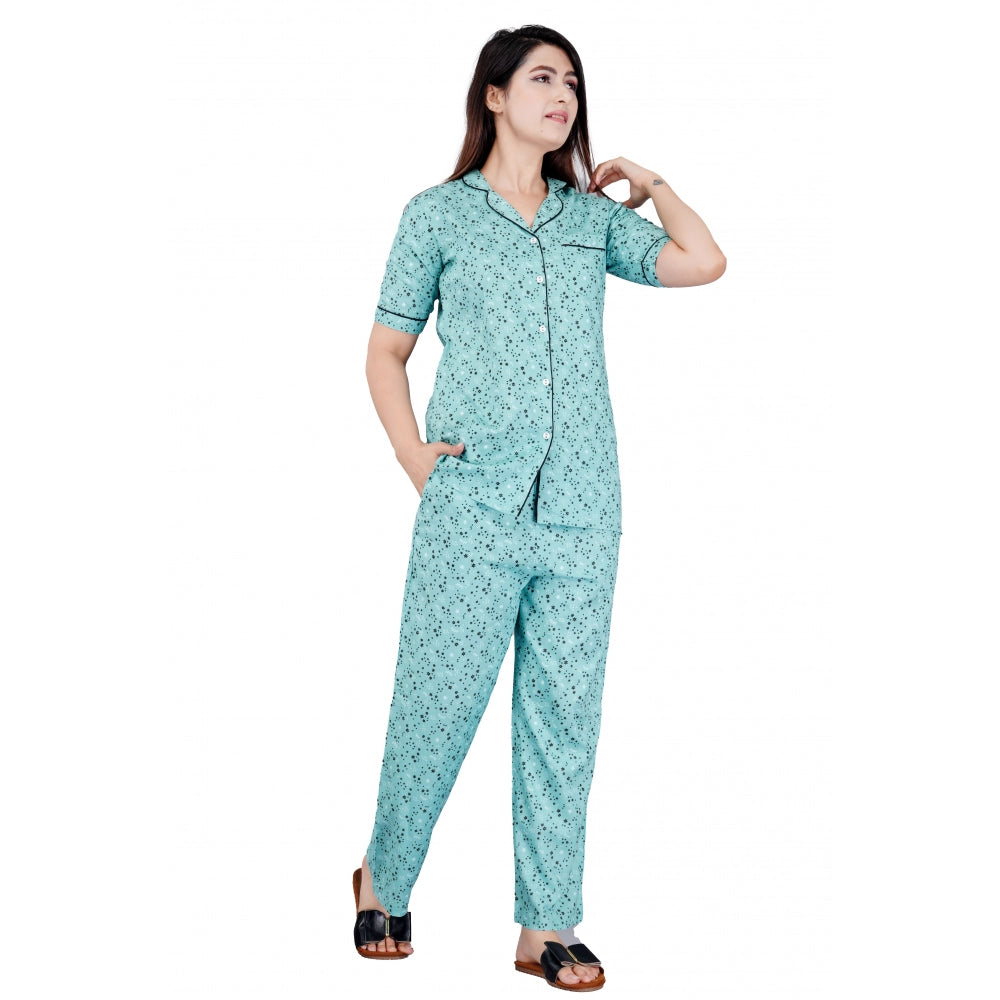 Amfyn Women's Casual Half Sleeve Printed Viscose Rayon Shirt With Pyjama Pant Night Suit Set (Green)