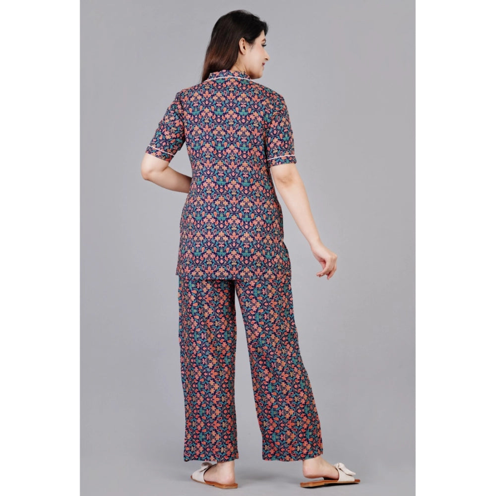 Amfyn Women's Casual Half Sleeve Printed Viscose Rayon Shirt With Pyjama Pant Night Suit Set (Blue)