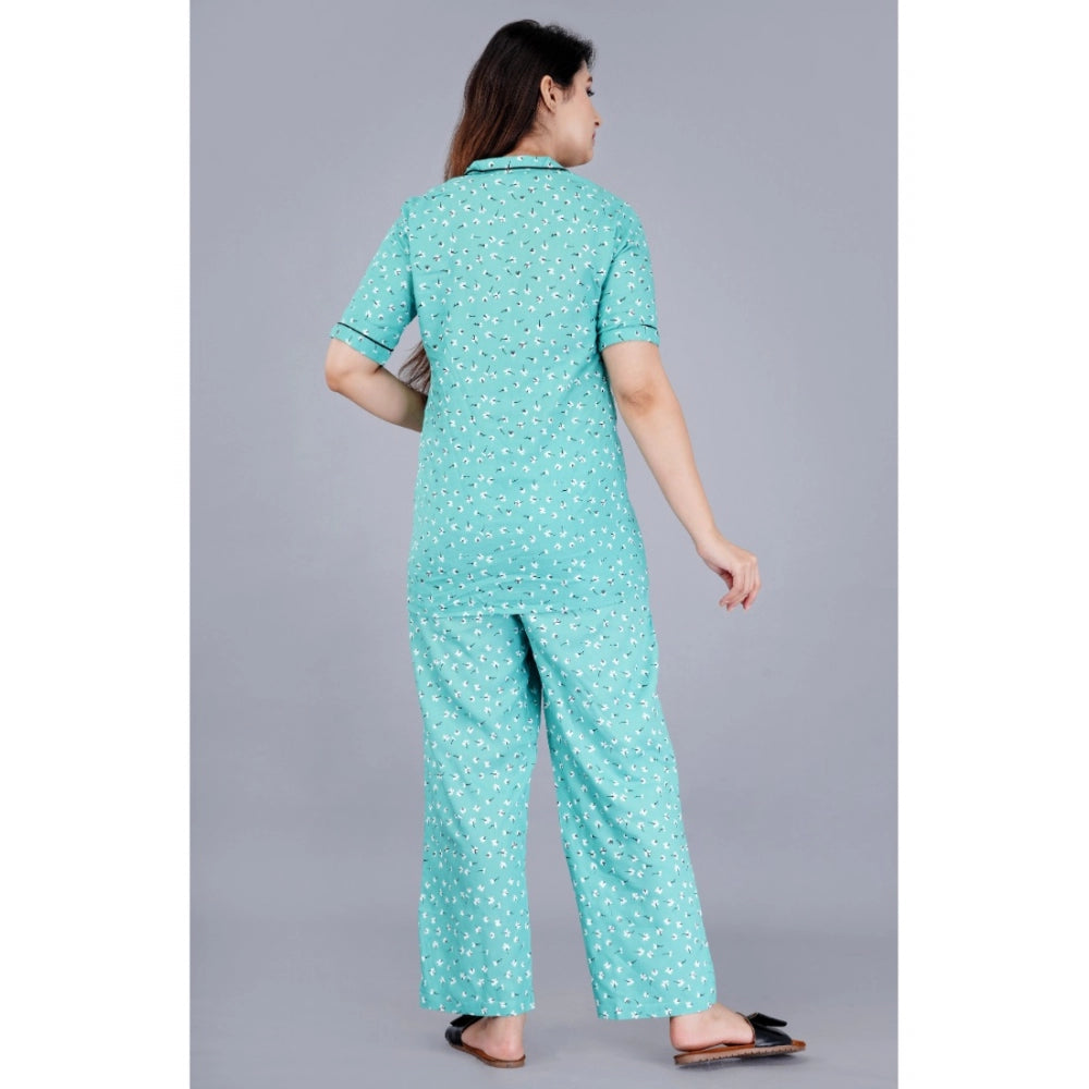 Amfyn Women's Casual Half Sleeve Printed Viscose Rayon Shirt With Pyjama Pant Night Suit Set (Green)