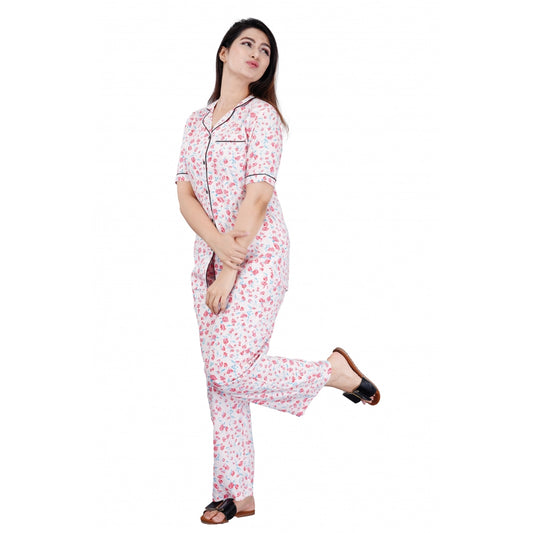 Amfyn Women's Casual Half Sleeve Printed Viscose Rayon Shirt With Pyjama Pant Night Suit Set (Baby Pink)