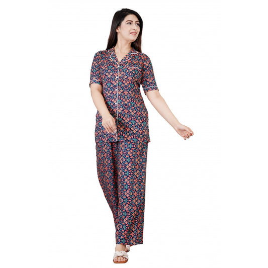 Amfyn Women's Casual Half Sleeve Printed Viscose Rayon Shirt With Pyjama Pant Night Suit Set (Blue)