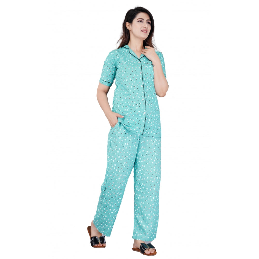 Amfyn Women's Casual Half Sleeve Printed Viscose Rayon Shirt With Pyjama Pant Night Suit Set (Green)