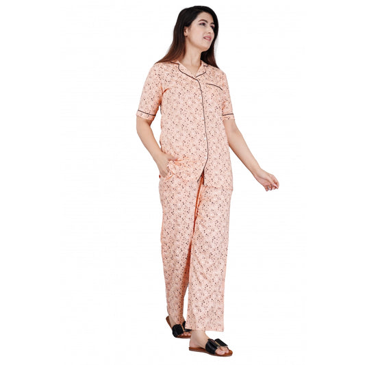 Amfyn Women's Casual Half Sleeve Printed Viscose Rayon Shirt With Pyjama Pant Night Suit Set (Peach)