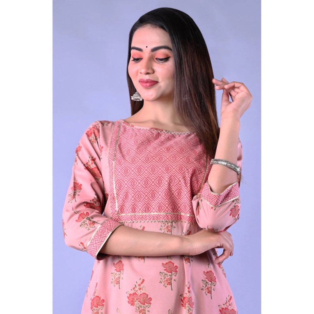 Amfyn Women's Casual 3/4 Sleeve Printed Rayon Kurti With Pant Set (Pink)