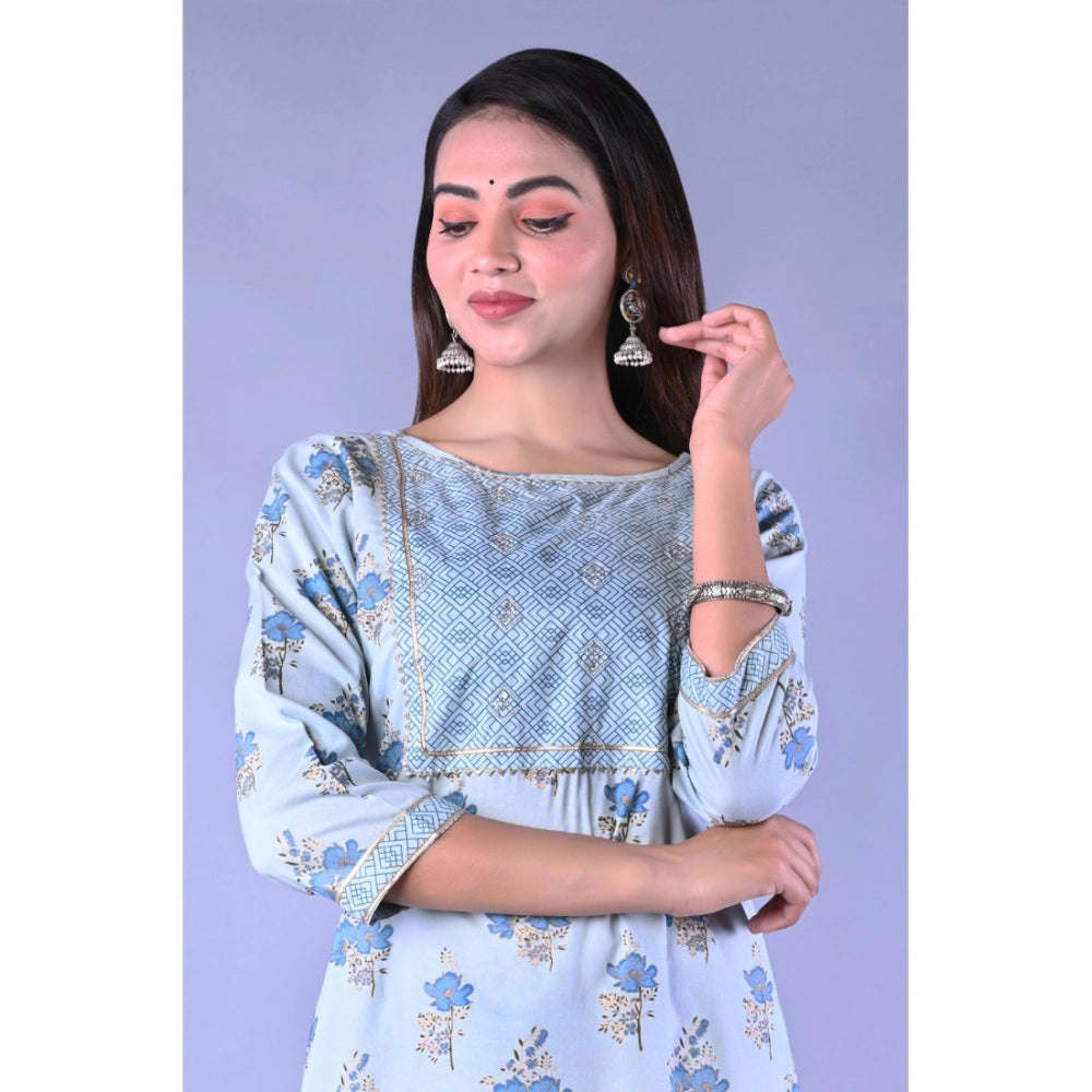 Amfyn Women's Casual 3/4 Sleeve Printed Rayon Kurti With Pant Set (Blue)