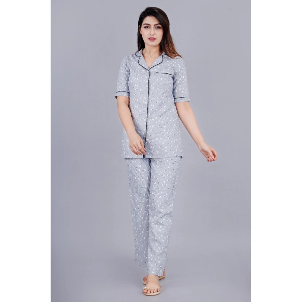 Amfyn Women's Casual Half Sleeve Printed Viscose Rayon Shirt With Pyjama Pant Night Suit Set (Grey)