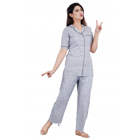 Amfyn Women's Casual Half Sleeve Printed Viscose Rayon Shirt With Pyjama Pant Night Suit Set (Grey)