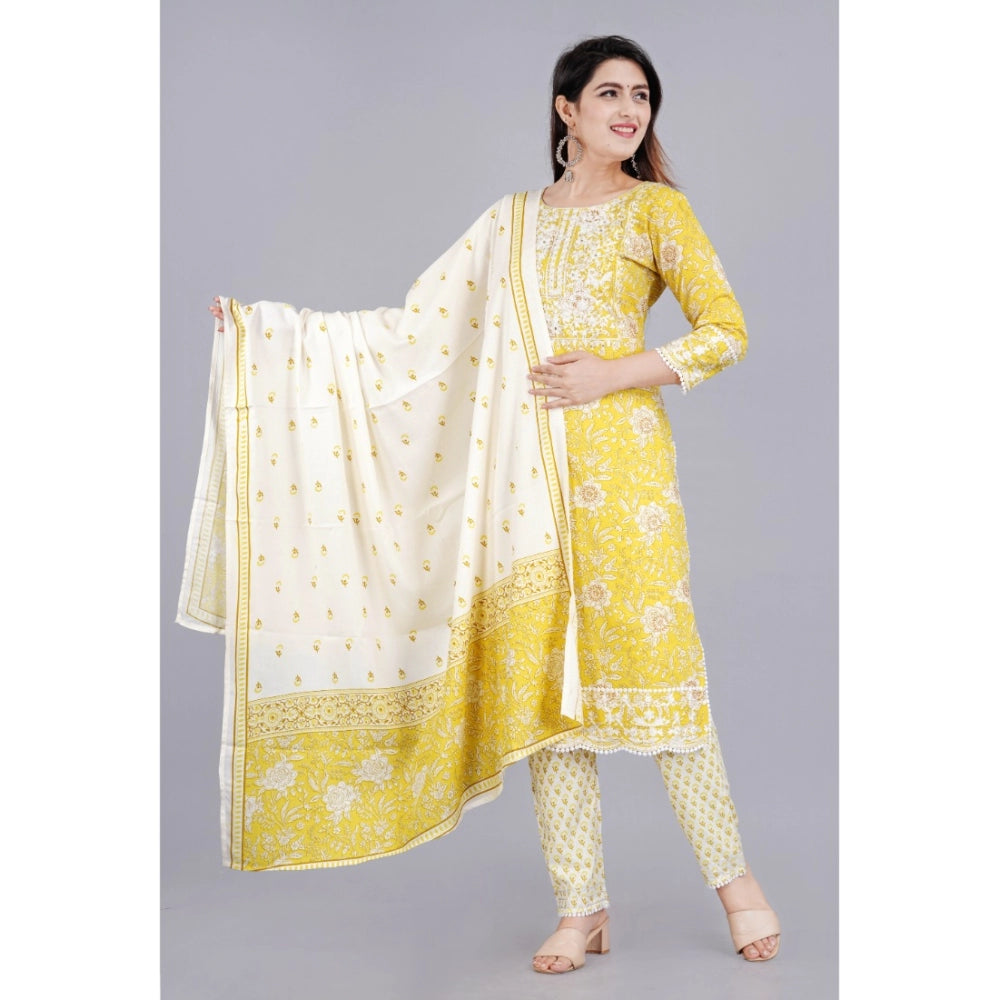 Amfyn Women's Casual 3/4 Sleeve Embroidered Rayon Kurti With Pant And Dupatta Set (Yellow)