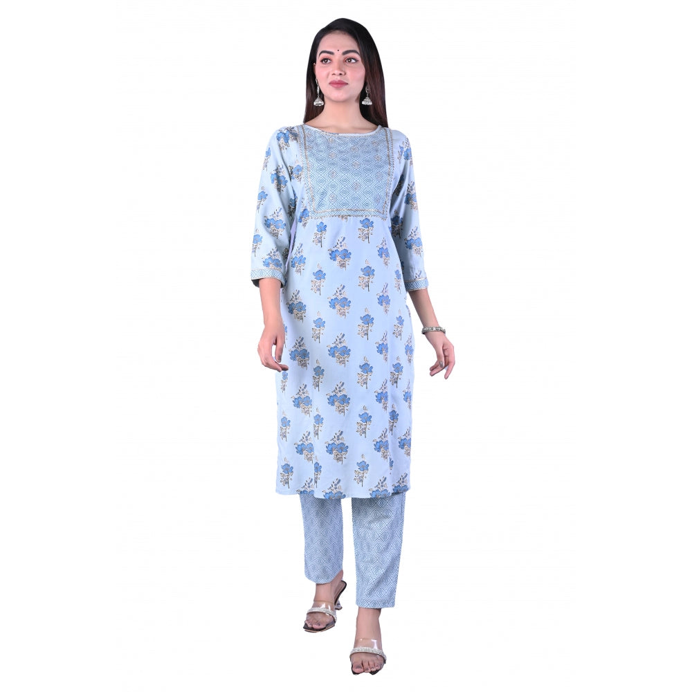 Amfyn Women's Casual 3/4 Sleeve Printed Rayon Kurti With Pant Set (Blue)